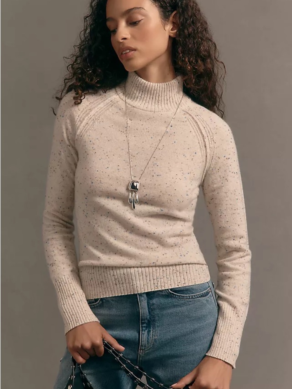 Small Anthropologie Maeve fitted mock neck cashmere sweater Cream Speckled Pearl